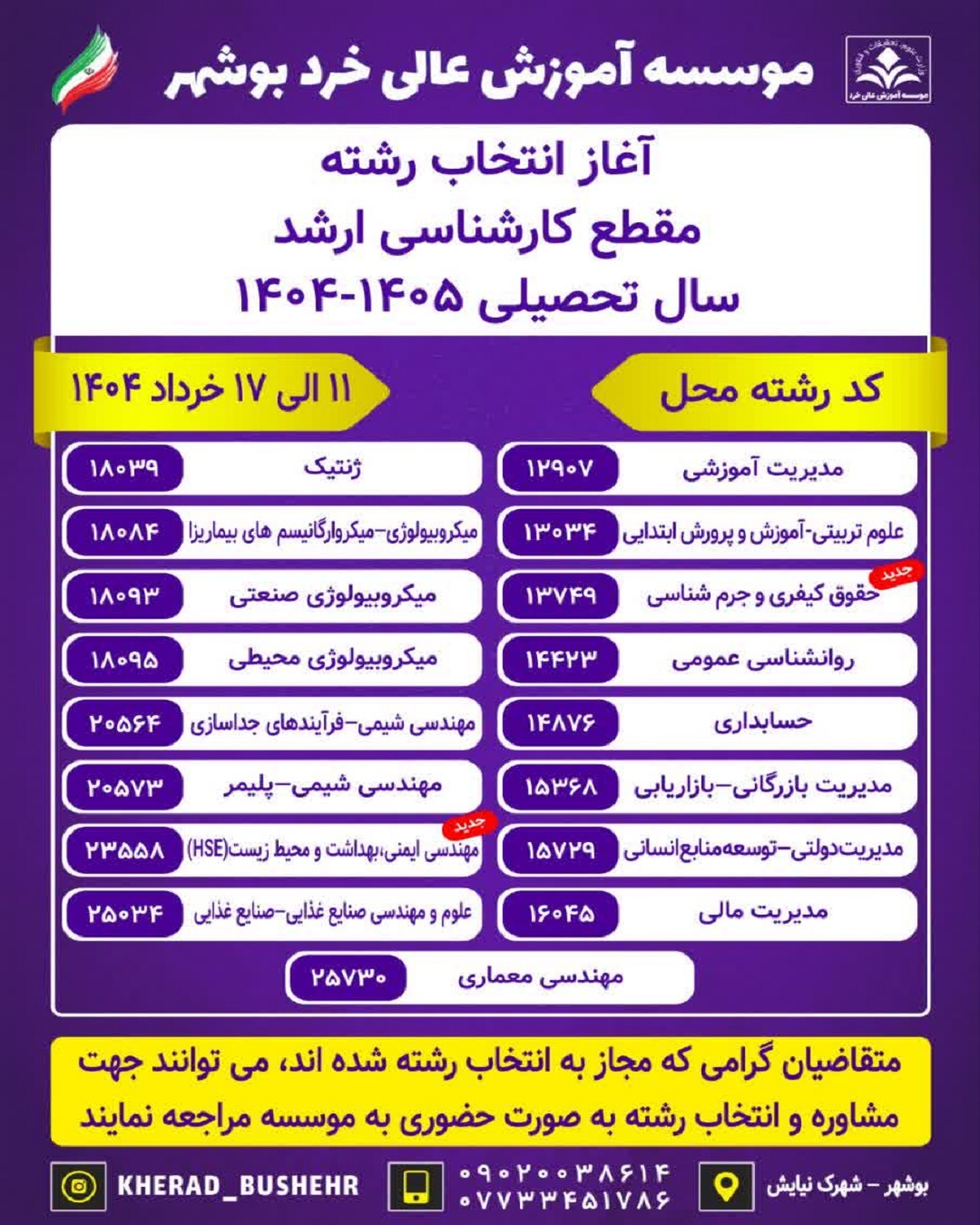 آغاز انتخاب رشته مقطع کارشناسی ارشد 1405-1404 کد رشته محل